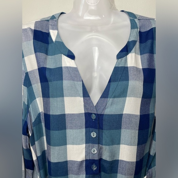 Modloth Blue White Gingham Button shirt Nautical Fisherman women size L Roll tab - Picture 4 of 7